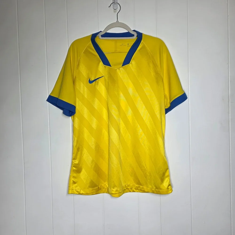 Nike Soccer Jersey Mens XL Yellow Blue Dri-FIT Shadow Stripe Training Shirt